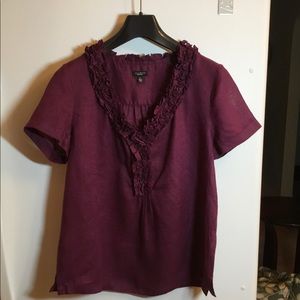 Talbots Linen Blouse Deep Purple. Ruffled V-Neck Front and Short Sleeves. Size 8